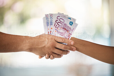 Buy stock photo Hands, corruption and business people shaking hands with euros for bribe, illegal deals or loan. Cash, exchange or money laundering, agreement or deposit, financial payment or investment acceptance.