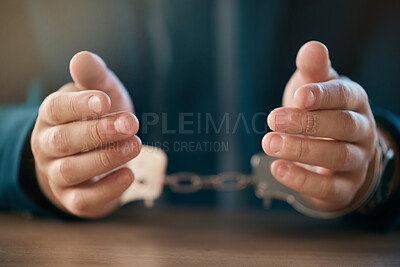 Buy stock photo Business man, handcuffs hands and prisoner lock in jail, fraud and corruption scam, law and criminal money laundering. Crime, thief and penalty of arrested politician chain shackles for interrogation