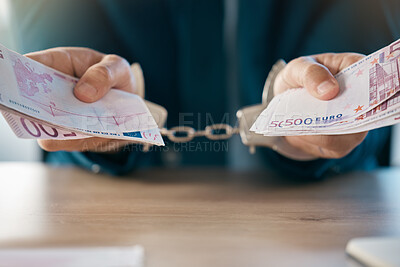 Buy stock photo Handcuffs, justice and hands of businessman with euros arrested for fraud, bribery or money laundering. Law, crime or punishment of male criminal in prison, jail or court for stealing cash or money.