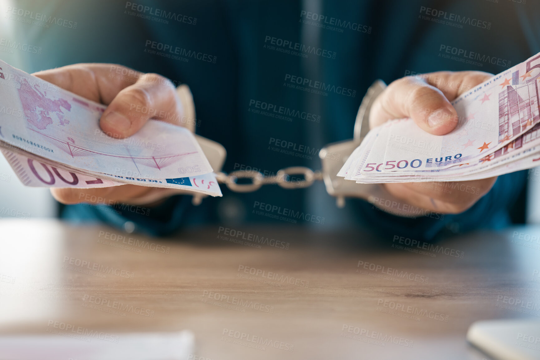 Buy stock photo Handcuffs, justice and hands of businessman with euros arrested for fraud, bribery or money laundering. Law, crime or punishment of male criminal in prison, jail or court for stealing cash or money.