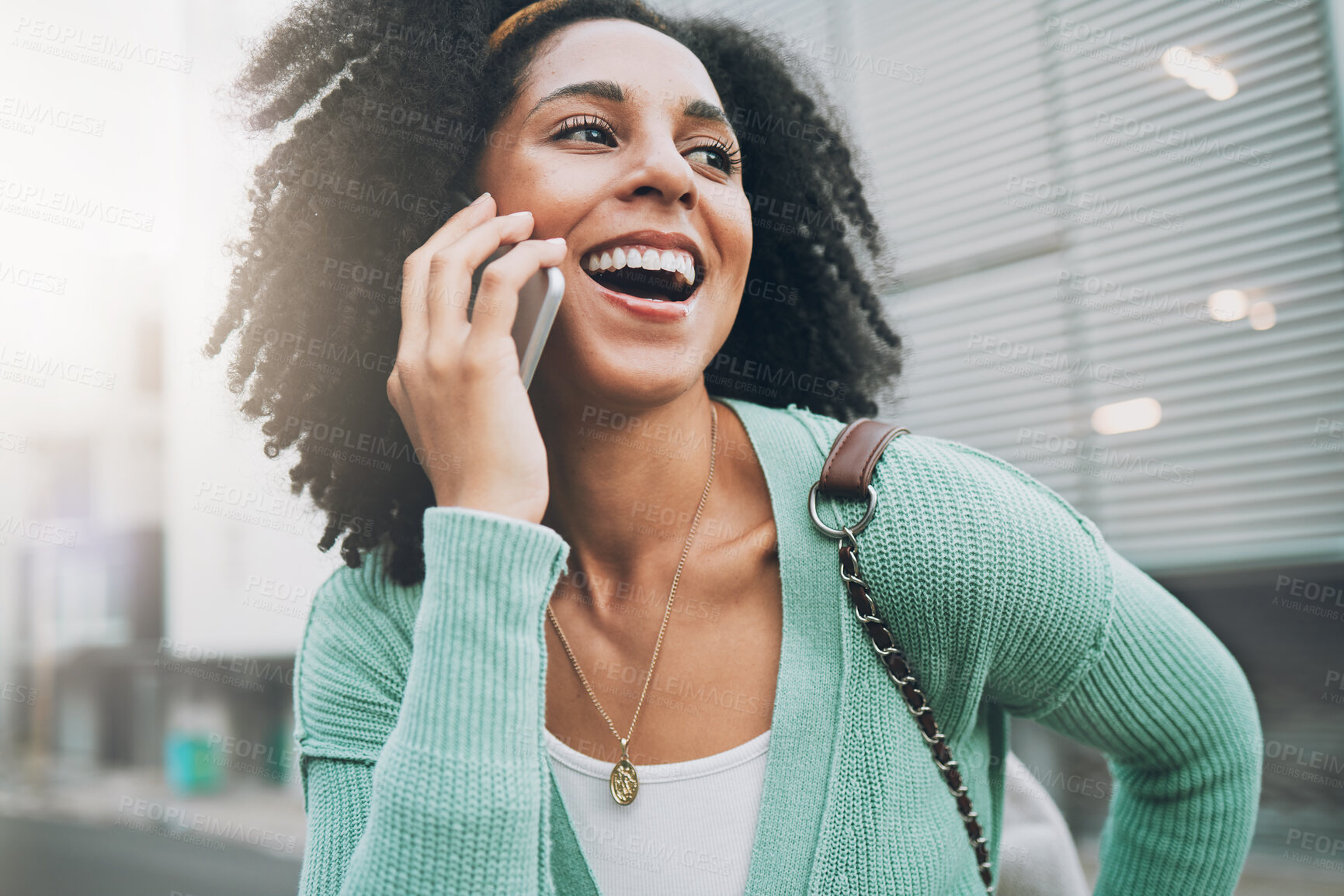 Buy stock photo Happy, phone call and black woman in a street, smile and talking while walking in city in New York. Student, travel and laughing with girl chatting on a phone, excited and cheerful while traveling