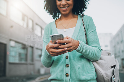 Buy stock photo Phone, networking and black woman with mobile app, social media post or 5g internet outdoor with in a urban city. Happy african gen z girl typing on her cellphone for online post and contact with app