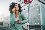 Black woman, phone call and smile in street, city or town for travel, tourist or adventure outdoor. Woman, smartphone or metro for communication, happiness or conversation with phone in road with bag