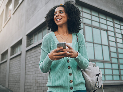 Buy stock photo Social media, city and woman with a phone for gps location, internet and mobile app in a street. Happy, young and African girl with a smartphone for the web, online chat and communication on tech
