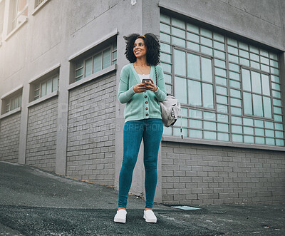 Buy stock photo Black woman, fashion and city travel with phone for location gps, internet map or social media on New York street or road. Smile, happy or cool student or tourist on 5g mobile technology for taxi app