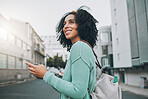 Happy, black woman and phone for travel in the city of a tourist enjoying sightseeing in an urban street. African American female traveler in communication or navigation on smartphone in South Africa
