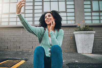 Buy stock photo Selfie, black woman and smartphone in city, happy and smile in the outdoor, streaming live and on sidewalk. Young girl, female and phone being cheerful, trendy and edgy on pavement for happiness.