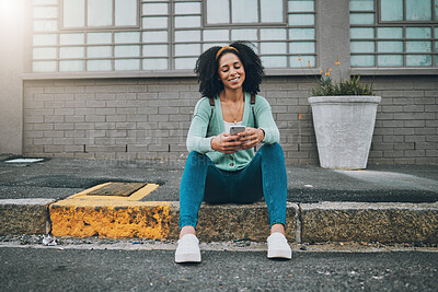 Buy stock photo Black woman, city sidewalk and smartphone in hand scroll social media smile sitting on the street pavement. Happy woman, texting on phone and using 5g mobile network for outdoor online communication 