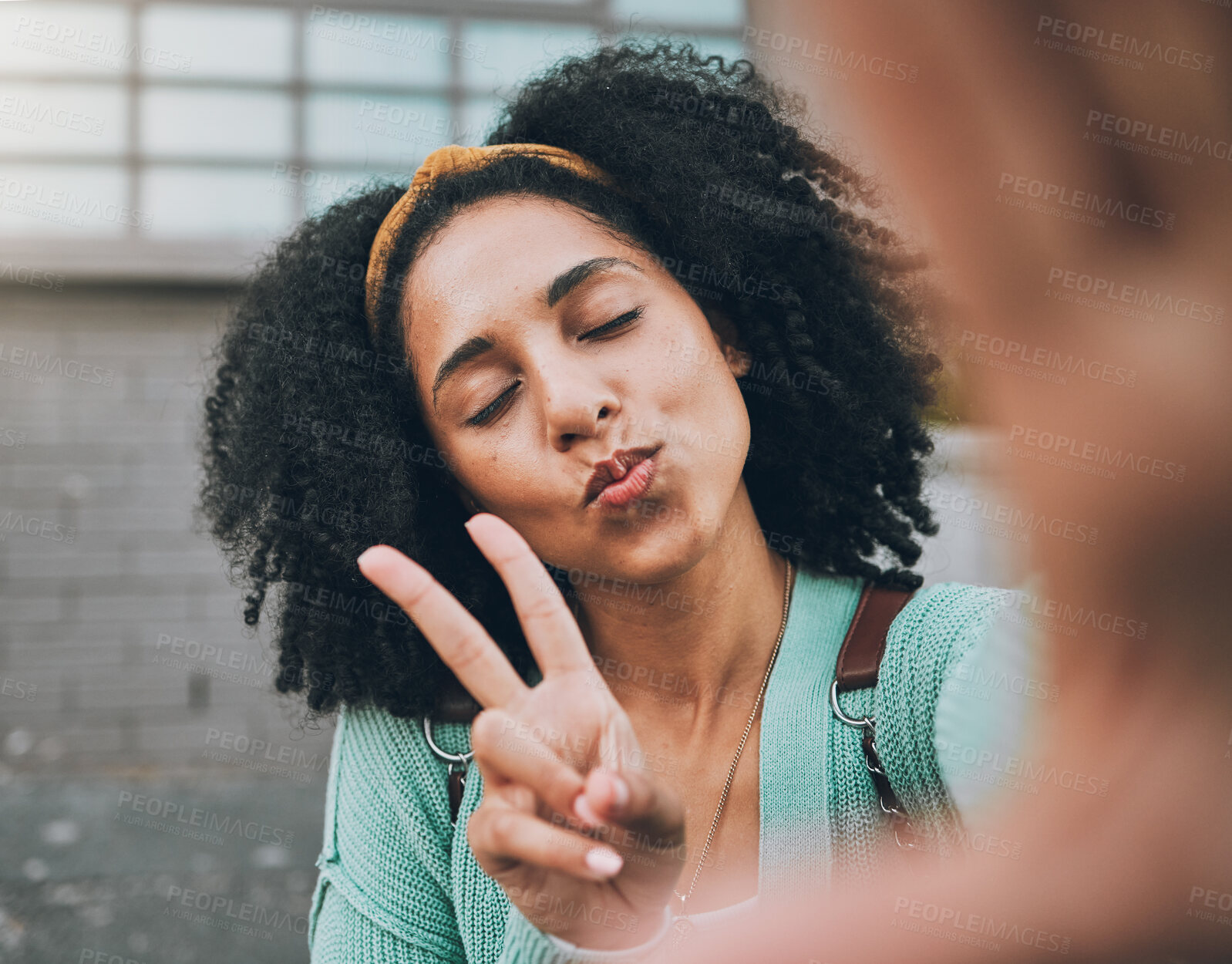 Buy stock photo Selfie, peace and black woman pouting in the city for social media, internet or a mobile app. Young, trendy and face of an African girl with photo smile, fashion and hand sign for the web online