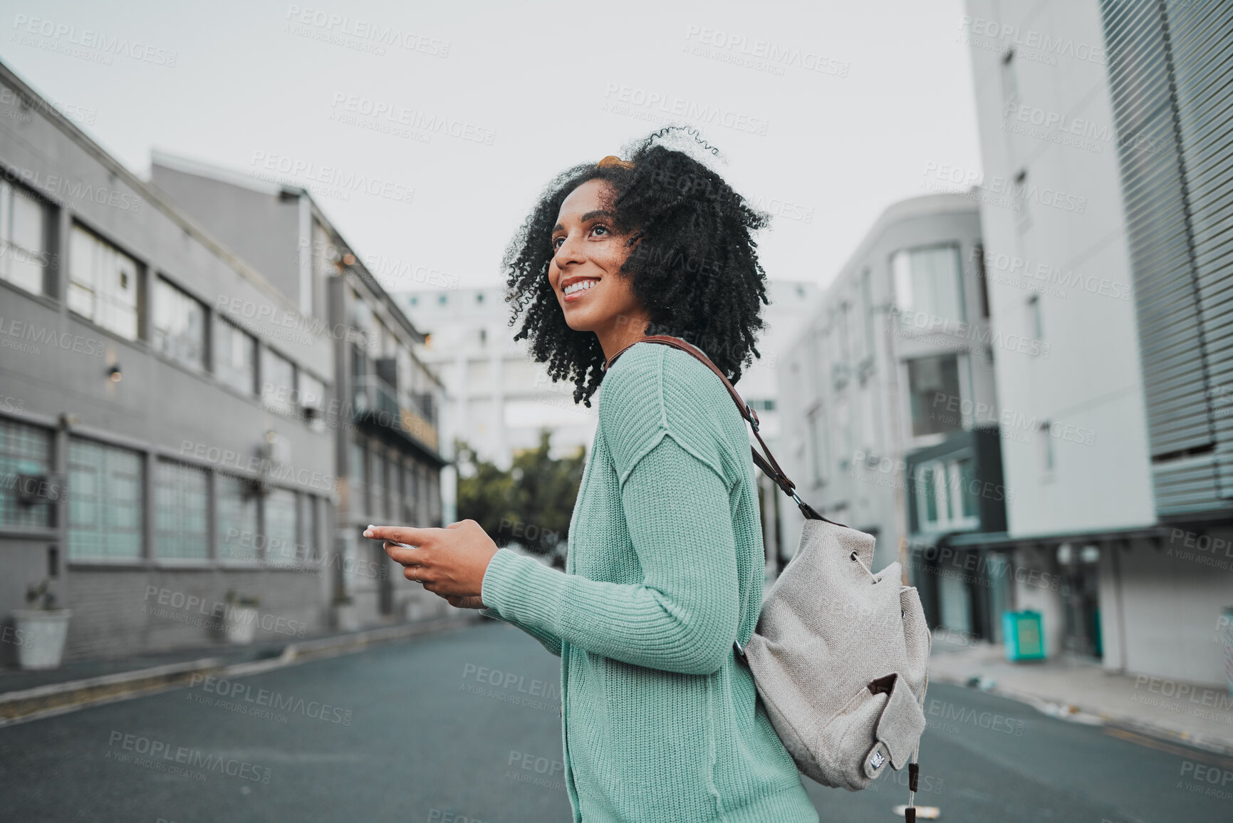 Buy stock photo Travel, woman and phone in city with student walking in street, smile and relax with gps, navigation and online map. Girl, New York and black woman happy, excited and cheerful about location search 