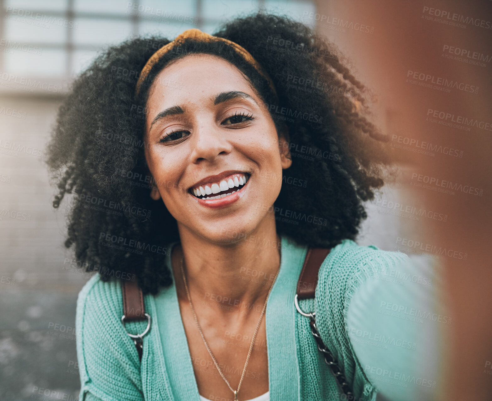 Buy stock photo Selfie, travel and happy with a black woman tourist in the city for sightseeing or exploring outdoor. Street, face and portrait with a young female traveler taking a photograph in an urban town