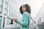 Smartphone, city and black woman student walking to campus, university or college and location search, social media, 5g network. Gen z girl on cellphone for outdoor communication in urban street