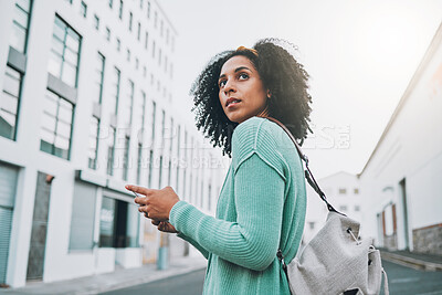 Buy stock photo Smartphone, city and black woman student walking to campus, university or college and location search, social media, 5g network. Gen z girl on cellphone for outdoor communication in urban street