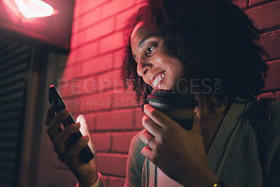 Buy stock photo Black woman, smartphone and coffee cup with smile, night and social media for chat, browse online and outdoor in city. Young girl, happy female and with phone for communication, internet and connect.