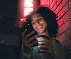 Happy black woman, phone and neon lights building in city night out, social media and online web location search. Young girl smile, mobile communication and 5g tech streaming on smartphone in town