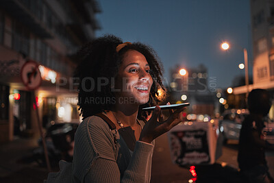 Buy stock photo Phone, communication and travel with a woman at night in the city while talking on a call alone. Street, 5g mobile technology and conversation with a young female using a mobile while traveling
