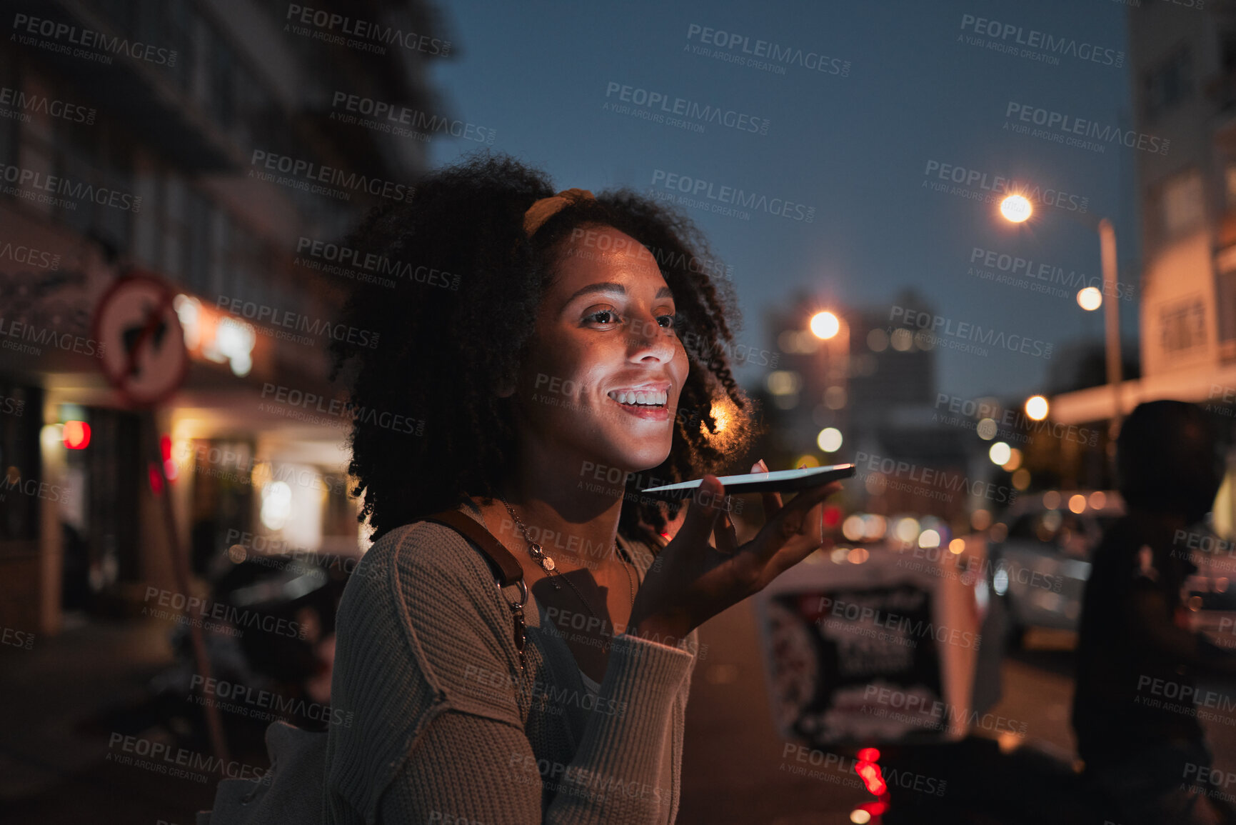 Buy stock photo Phone, communication and travel with a woman at night in the city while talking on a call alone. Street, 5g mobile technology and conversation with a young female using a mobile while traveling