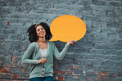 Buy stock photo Woman, portrait and brick wall with speech bubble for happy advertising, social media or opinion. Marketing, communication or brand voice of black woman with smile of joy and orange sign mockup.

