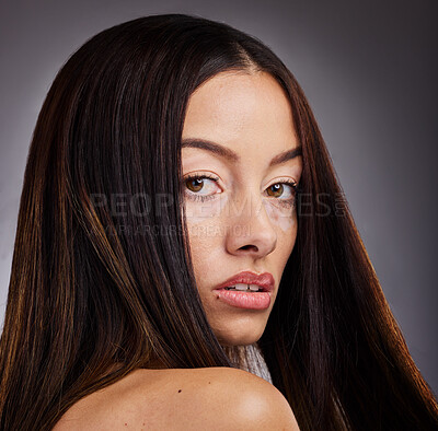 Buy stock photo Vitiligo, beauty and face of skincare woman with natural facial care, healthcare wellness and self care. Medical dermatology, health and portrait of girl with pride, confidence and eyes discoloration