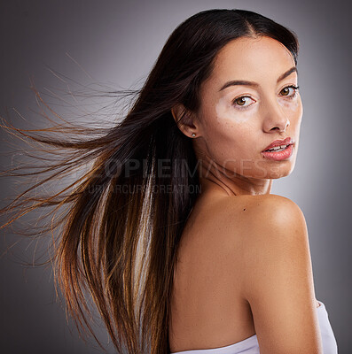 Buy stock photo Beauty, skincare and portrait of woman with vitiligo standing in studio with health facial routine. Cosmetic, natural and face of girl model from Mexico with piebald skin isolated by gray background.
