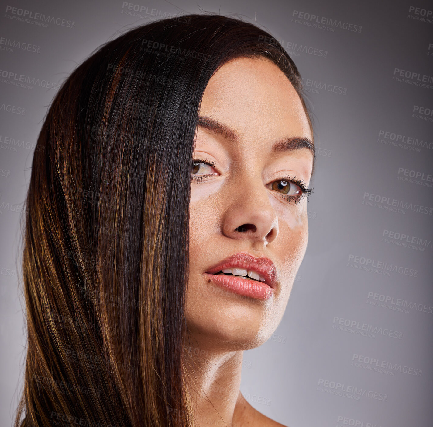 Buy stock photo Skincare. beauty and vitiligo woman with cosmetics on face against studio background. Portrait of a young, pigmentation and cosmetic model with facial makeup, luxury dermatology and wellness or care