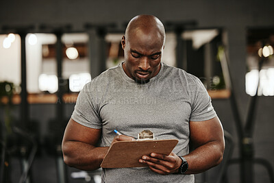 Buy stock photo Black man, clipboard and writing in gym for training membership, sign up or subscription. Personal trainer, checklist and man from Nigeria holding paperwork to join fitness, health or wellness centre