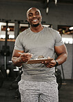 Gym membership, personal trainer and black man holding sign up clipboard for heath and wellness subscription for healthy lifestyle. Portrait of happy male coach holding paperwork to join fitness club