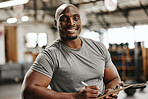 Smile, documents or black man writing on clipboard for gym membership, sign up or checklist for sport health or workout. Wellness coach, fitness or happy personal trainer, paper for exercise schedule