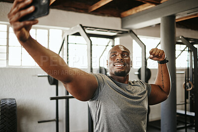 Buy stock photo Phone, gym and selfie of black man, exercise and fitness with strong, muscular and smile bodybuilder. Happy instructor with picture, motivated and ready for a good training workout in a health centre