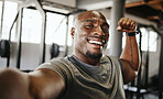 Black man, strong and fitness selfie, gym and exercise portrait, after workout and weight training, happy and flexing arm. Cardio, endurance and smile, sweat for sport and bicep, body and wellness.