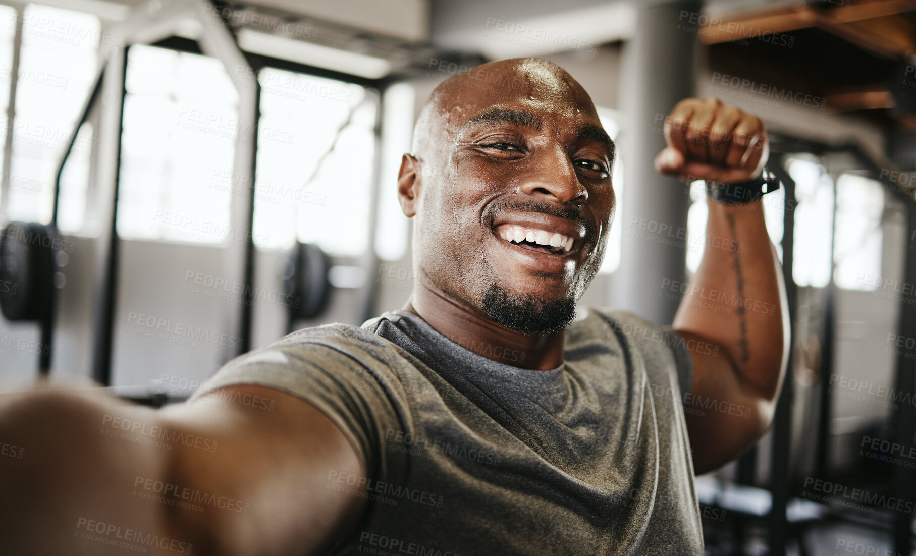 Buy stock photo Black man, strong and fitness selfie, gym and exercise portrait, after workout and weight training, happy and flexing arm. Cardio, endurance and smile, sweat for sport and bicep photo, wellness.
