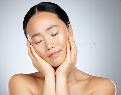 Buy stock photo Skincare, asian beauty and woman with glow skin or face in a studio mockup for cosmetics, cleaning or night sleeping facial. Makeup, self care and Japanese model for dermatology mock up background