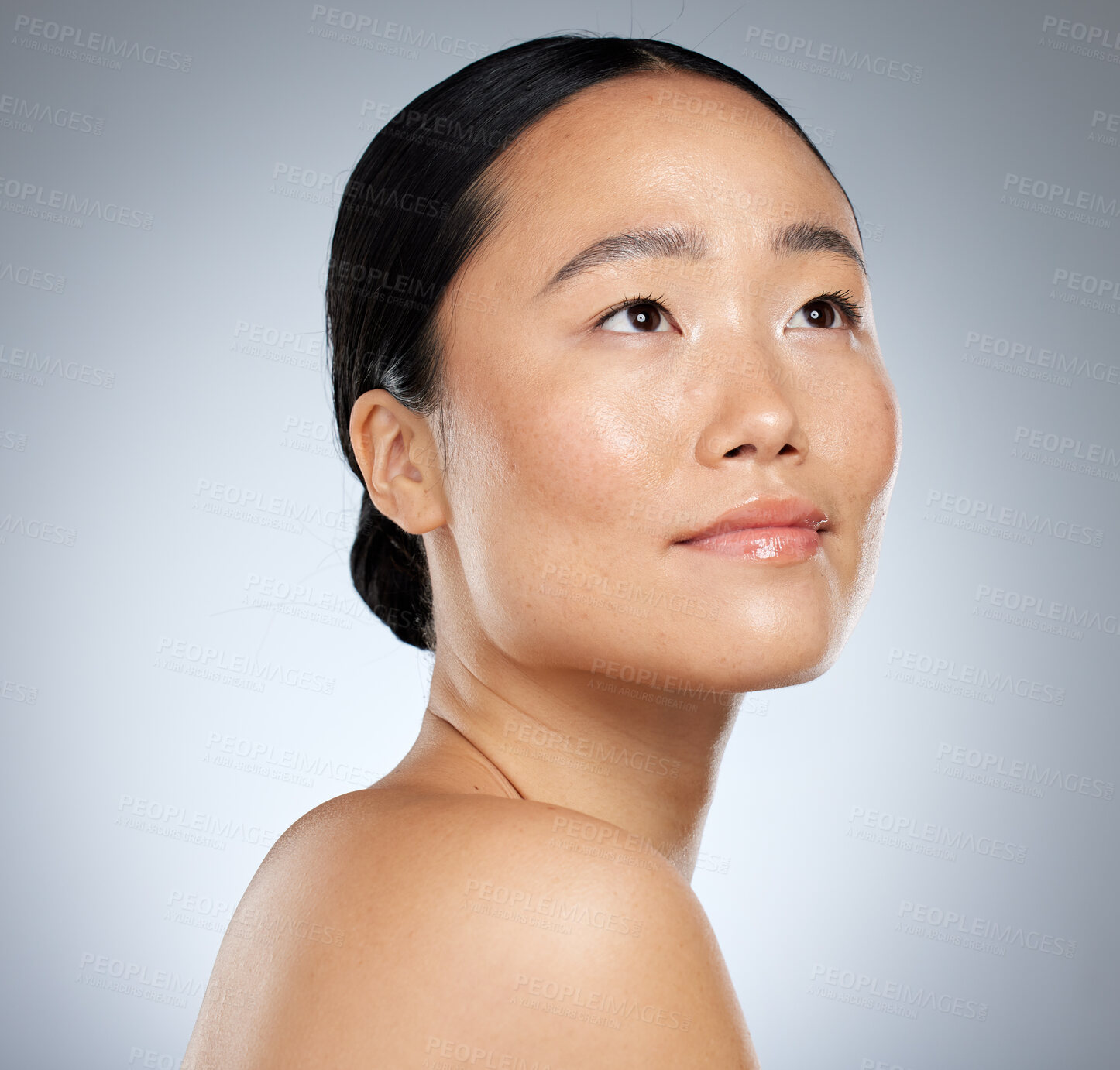 Buy stock photo Beauty, asian and woman skincare with natural face thinking or contemplating with beautiful glow. Cosmetic hydration advertising for healthy skin with thoughtful model girl on grey studio mockup.
