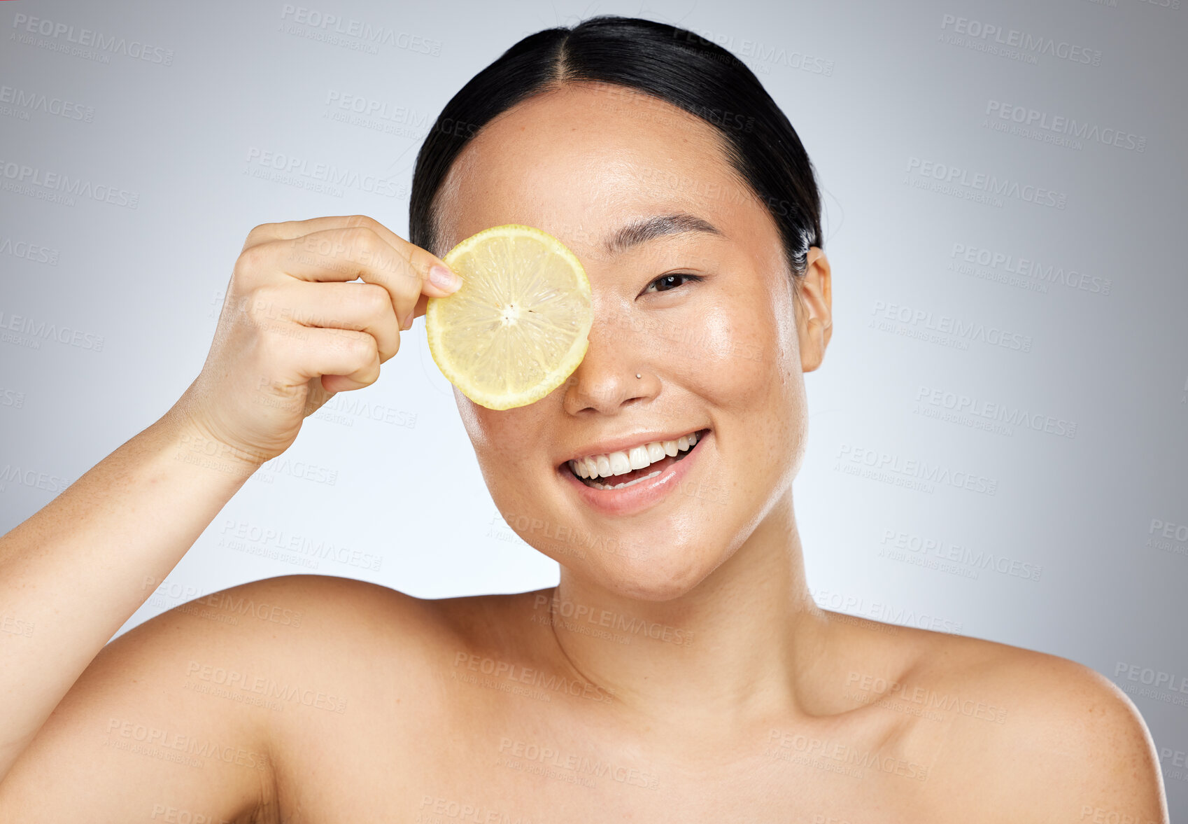 Buy stock photo Lemon skincare, woman beauty and vitamin c natural cosmetics for facial mask, body care and happy results on studio background. Smile Japanese model portrait, organic fruit dermatology and clean face