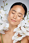 Asian woman, orchid flower and skincare on studio background in relax wellness, health and face. Portrait of smile and happy model in self care makeup with plant for soft and perfect skincare beauty