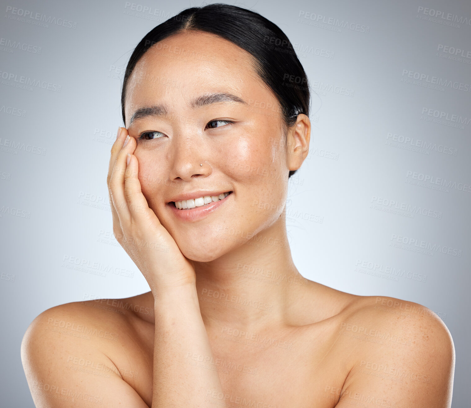 Buy stock photo Asian beauty, skincare and wellness woman with natural makeup look, luxury facial cosmetics and spa healthcare. Health satisfaction, happy Japanese girl or aesthetic model with glowing self care skin