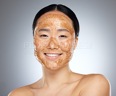 Buy stock photo Woman with face mask, korean skincare spa with natural sugar scrub product or portrait in gray background studio. Face of happy asian girl, wellness beauty with cleaning exfoliation or facial smile