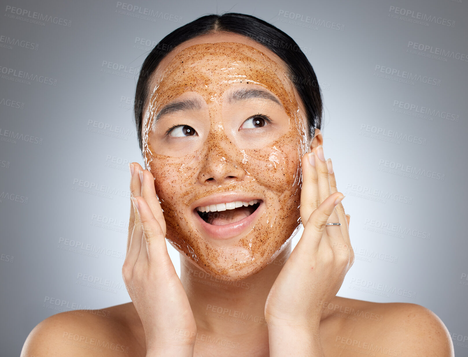 Buy stock photo Skincare, exfoliate and asian woman face mask for healthy, smooth and soft skin and happy with cosmetic result. Beauty model with facial cleaning product with smile and wellness to prevent dry acne 