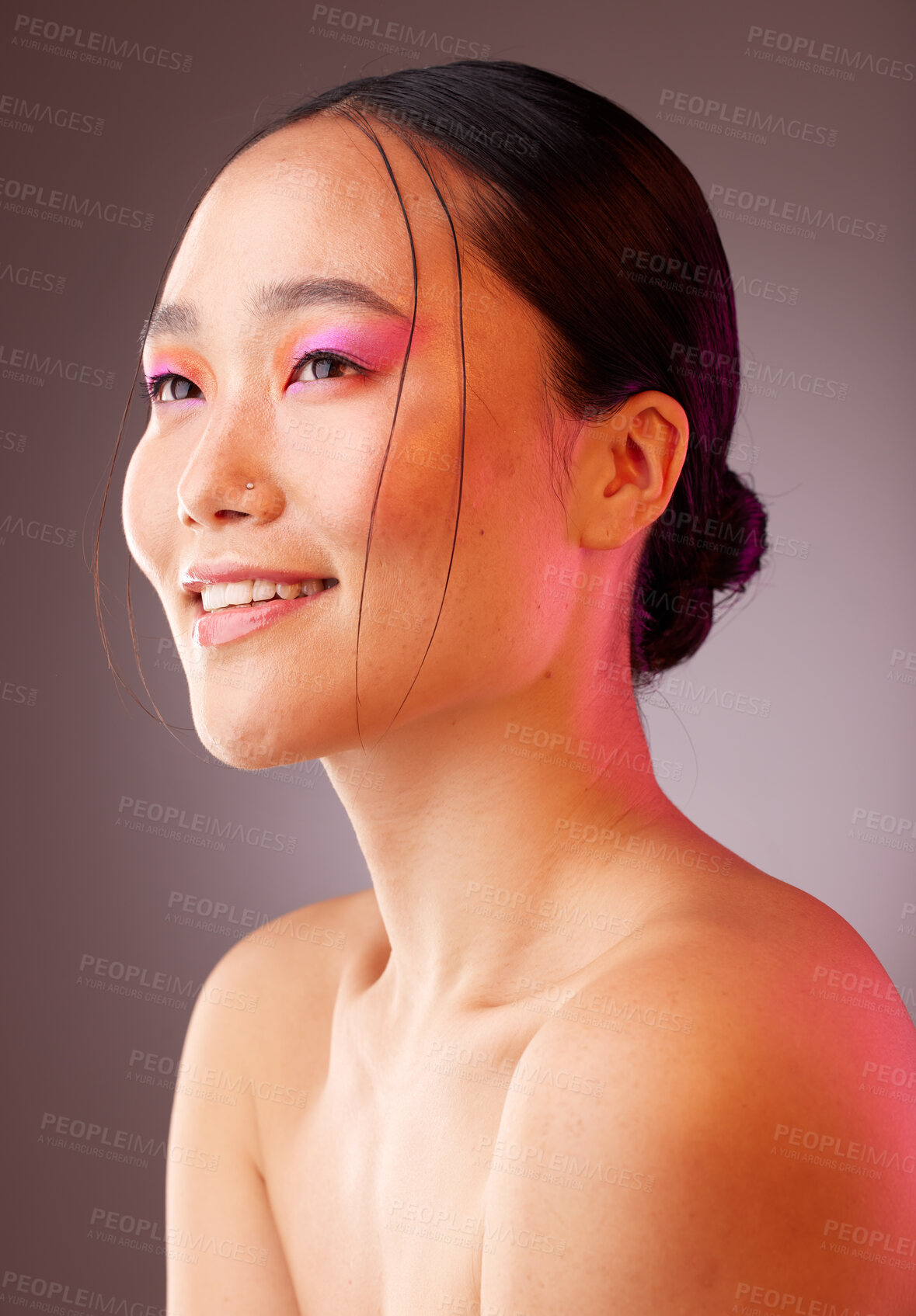 Buy stock photo Skincare, beauty and neon eye makeup, portrait of woman from Japan with smile on face. Health, luxury and fashion, creative skin care product treatment for facial and healthy glow on happy asian girl