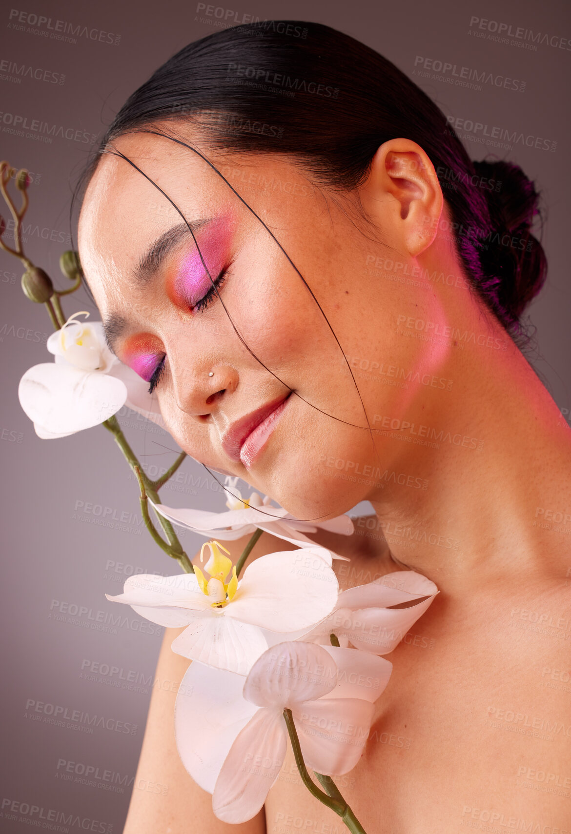 Buy stock photo Beauty, makeup and woman, flower and skincare, skin and face with natural cosmetics advertising and studio background. Asian model, eyeshadow and cosmetic treatment, glow and facial care.