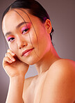 Portrait, Asian woman and makeup for natural beauty, wellness and happy with studio background for skincare. Cosmetics, young girl and body care for organic facial, smooth skin and creative neon face