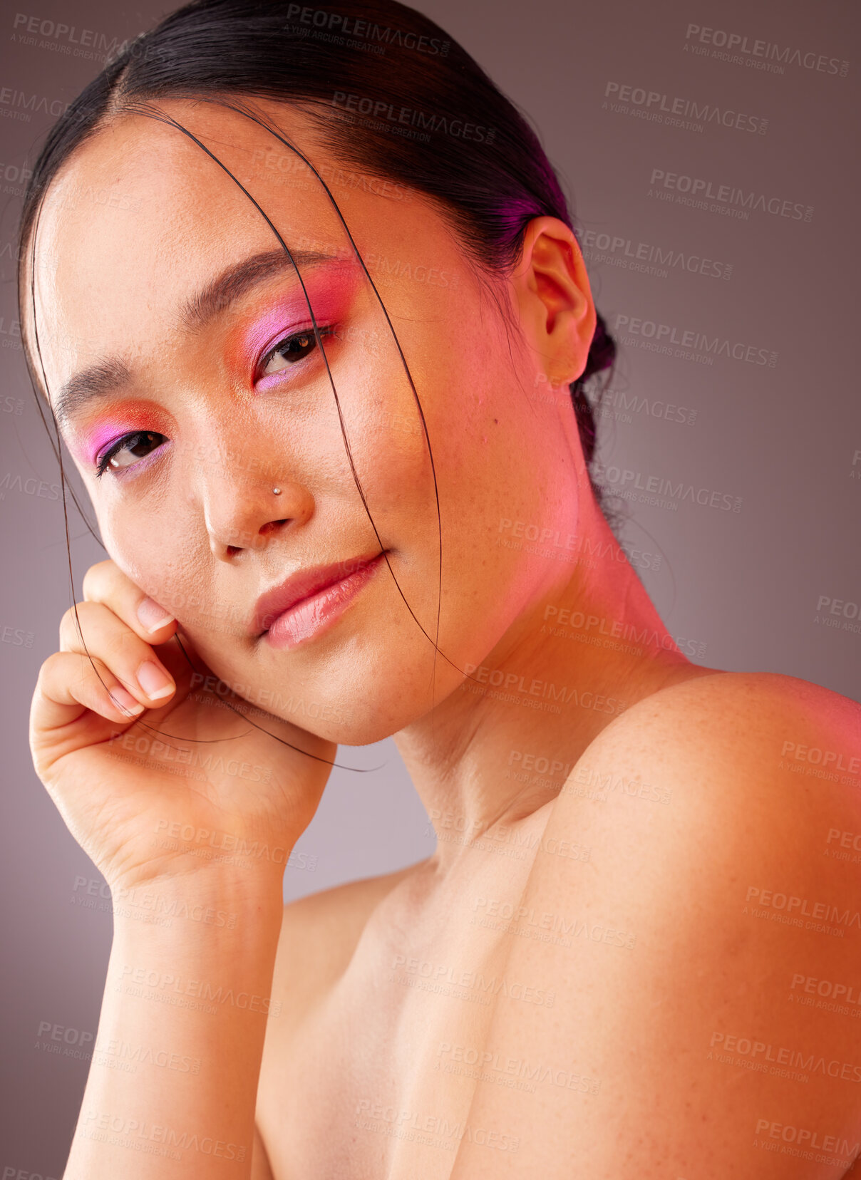 Buy stock photo Portrait, Asian woman and makeup for natural beauty, wellness and happy with studio background for skincare. Cosmetics, young girl and body care for organic facial, smooth skin and creative neon face