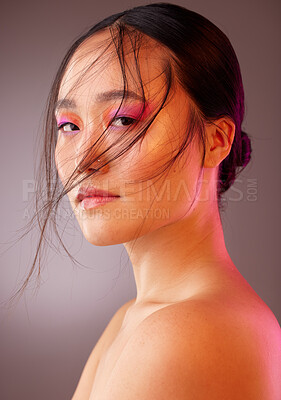 Buy stock photo Beauty, skin and skincare, woman and makeup advertising, face care and body wellness portrait with studio background. Asian model with fresh glow, natural cosmetics and clean facial treatment.