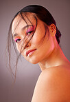 Skincare, beauty and pink makeup, portrait of woman from Japan, neon eyeshadow on face. Health, luxury and edgy fashion, creative skin care product treatment and healthy cosmetic glow on asian girl.