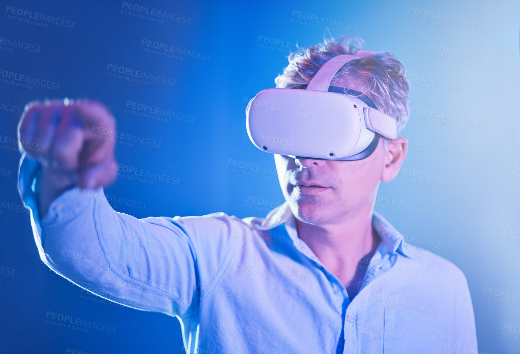 Buy stock photo Vr, 3d and futuristic virtual reality with man in a cyber world, ai or virtual game. Future tech app, metaverse and gaming male playing software video games, watching movie or web surfing on headset.