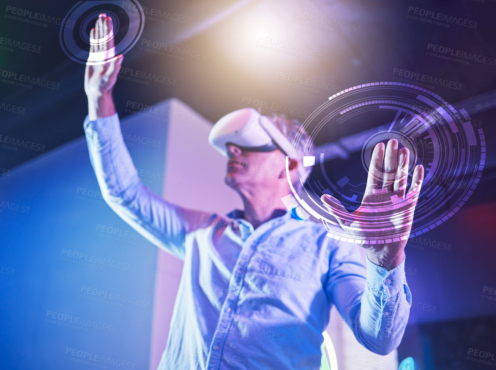 Buy stock photo Hologram, metaverse and virtual reality with a senior man using a vr headset to access a ux or ui digital dashboard. Future, internet and user with a male pensioner exploring futuristic ai technology