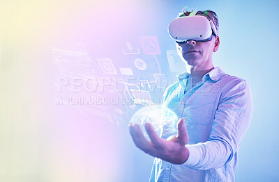 Buy stock photo VR, man and global media, networking and metaverse data, world digital transformation or futuristic cyber software innovation. Technology abstract, virtual reality ux design or future user automation