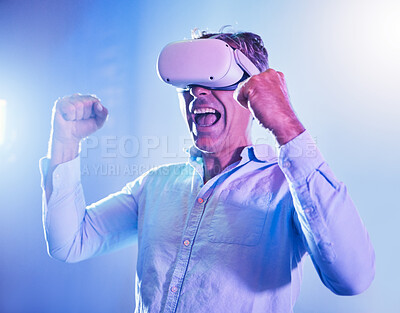 Buy stock photo Winner, senior and man with virtual reality glasses celebrating game win with success fist. Metaverse, ar and vr celebration of online 3D gamer male excited with progress and achievement.

