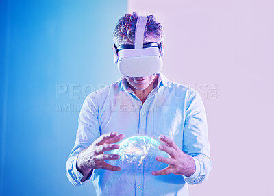 Buy stock photo Man hands, metaverse and virtual reality globe hologram for world networking, global digital transformation or space science. Vr headset, 3d earth and futuristic planet abstract in neon cyber fantasy