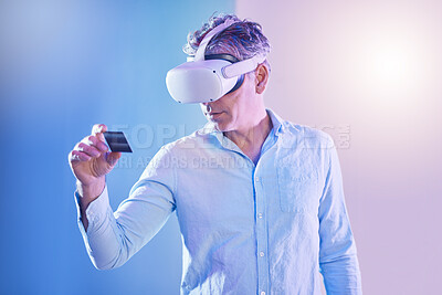 Buy stock photo Credit card, finance and man in with virtual reality metaverse glasses for a digital payment in studio with mockup. Innovation, financial and mature person with a 3d vr headset in a cyber economy